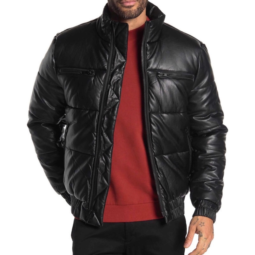 Slate & Stone Faux Leather Black Puffer Jacket